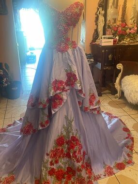 Lavender Ball Gown with Red Floral Appliqué